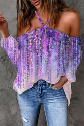 Lässiger Patchwork-T-Shirt mit rückenfreiem Neckholder-Print (15 Farben)